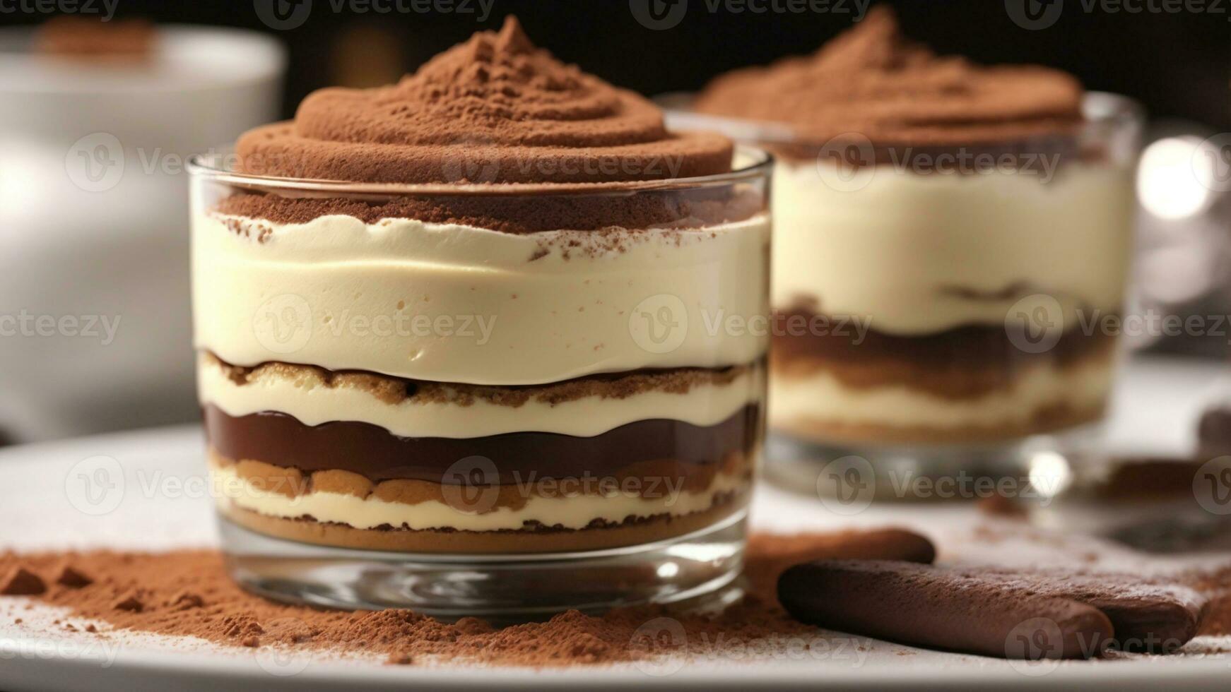 A close-up shot of a freshly prepared tiramisu, focusing on the layers of coffee-soaked ladyfingers AI Generative photo
