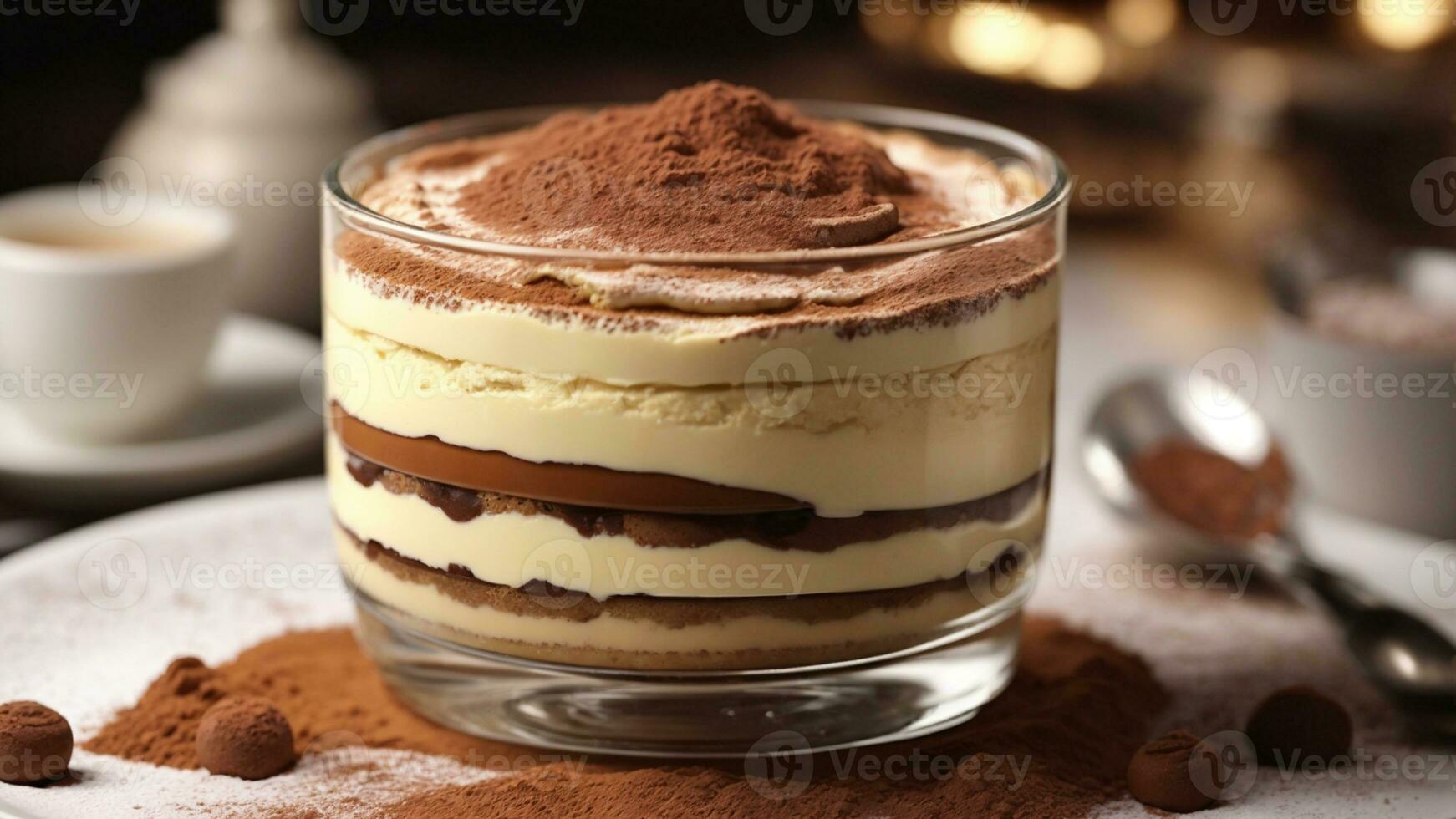 A close-up shot of a freshly prepared tiramisu, focusing on the layers of coffee-soaked ladyfingers AI Generative photo