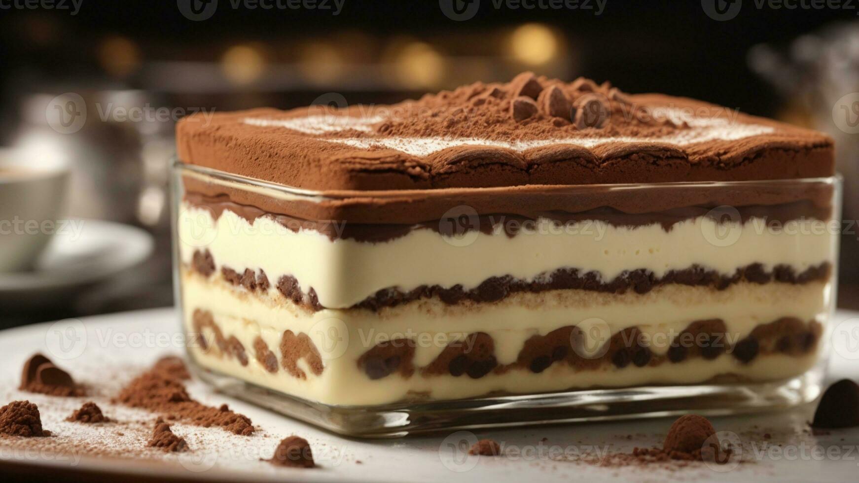 A close-up shot of a freshly prepared tiramisu, focusing on the layers of coffee-soaked ladyfingers AI Generative photo