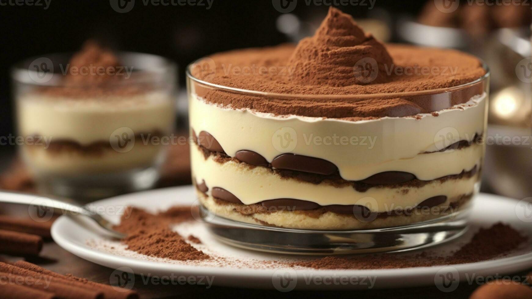A close-up shot of a freshly prepared tiramisu, focusing on the layers of coffee-soaked ladyfingers AI Generative photo