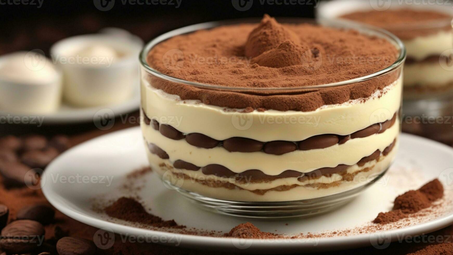 A close-up shot of a freshly prepared tiramisu, focusing on the layers of coffee-soaked ladyfingers AI Generative photo