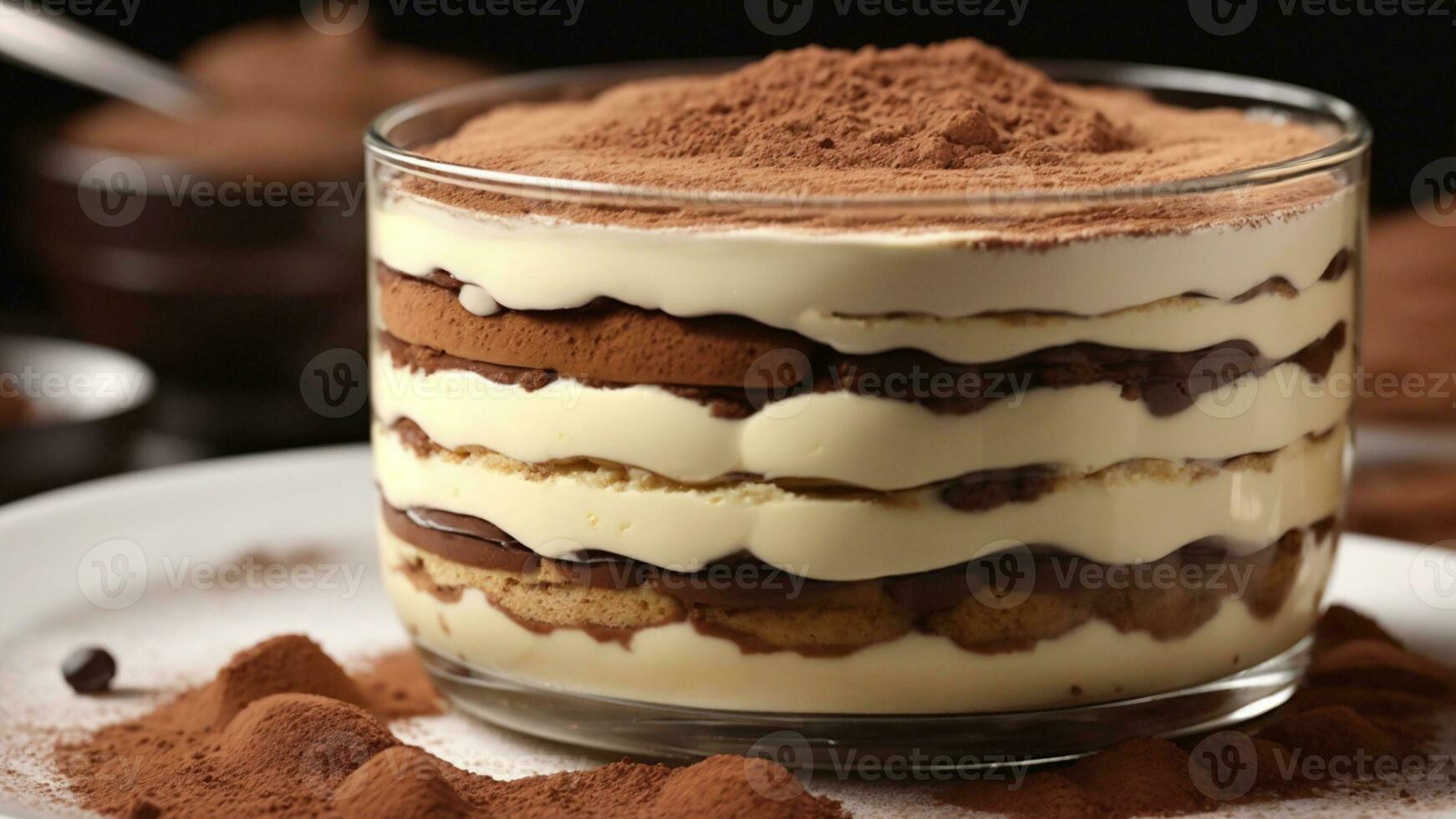 A close-up shot of a freshly prepared tiramisu, focusing on the layers of coffee-soaked ladyfingers AI Generative photo