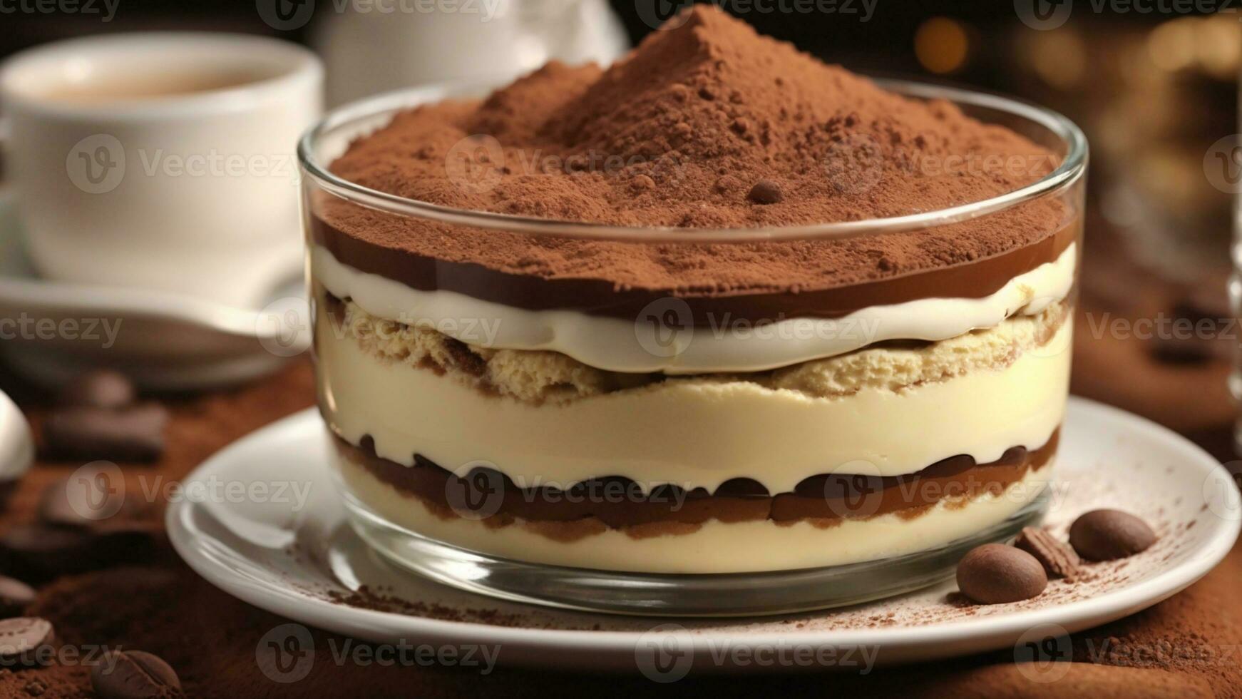 A close-up shot of a freshly prepared tiramisu, focusing on the layers of coffee-soaked ladyfingers AI Generative photo