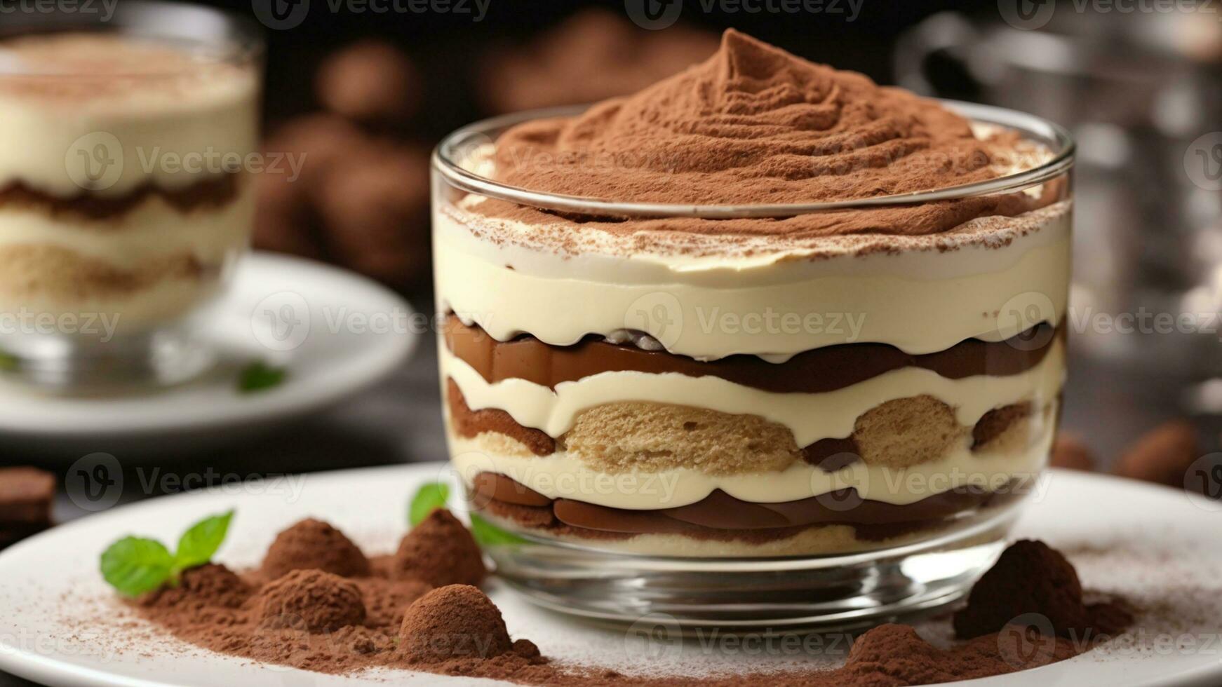 A close-up shot of a freshly prepared tiramisu, focusing on the layers of coffee-soaked ladyfingers AI Generative photo