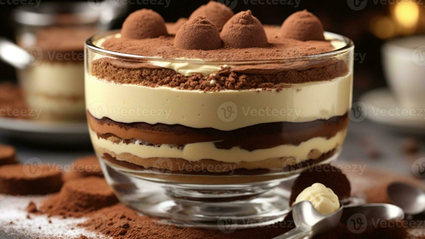 A close-up shot of a freshly prepared tiramisu, focusing on the layers of coffee-soaked ladyfingers AI Generative photo