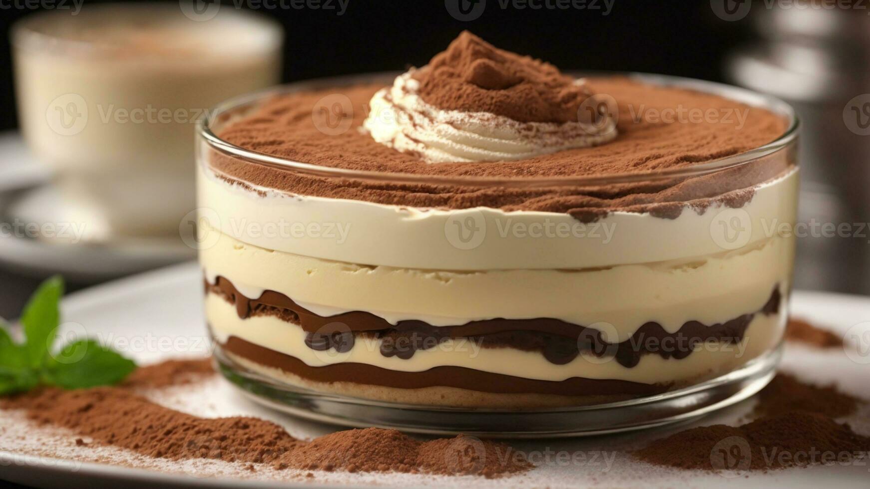 A close-up shot of a freshly prepared tiramisu, focusing on the layers of coffee-soaked ladyfingers AI Generative photo