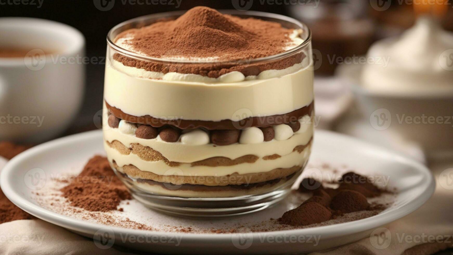 A close-up shot of a freshly prepared tiramisu, focusing on the layers of coffee-soaked ladyfingers AI Generative photo