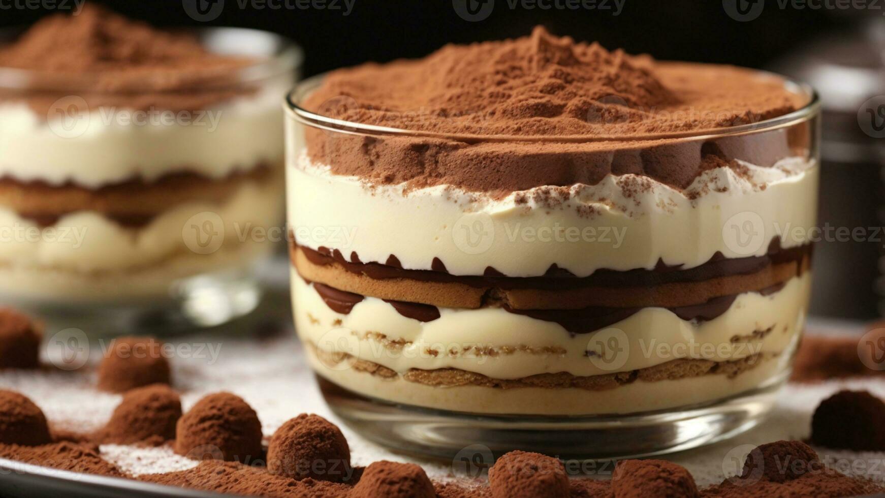 A close-up shot of a freshly prepared tiramisu, focusing on the layers of coffee-soaked ladyfingers AI Generative photo