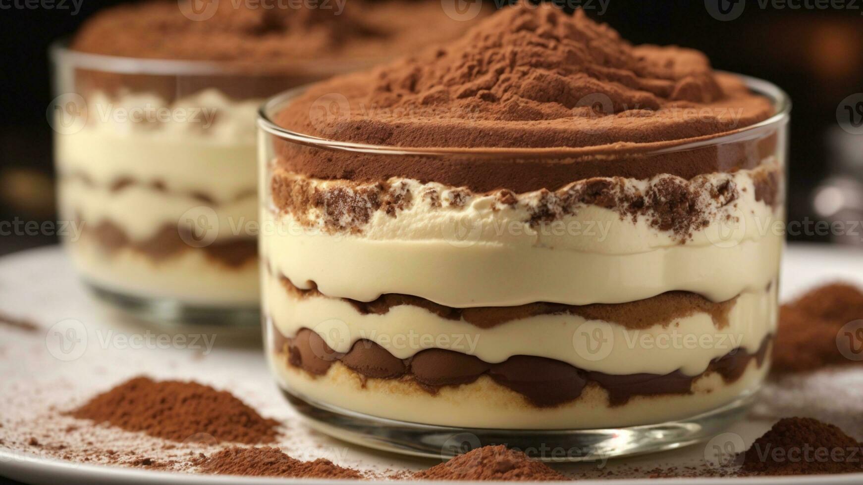 A close-up shot of a freshly prepared tiramisu, focusing on the layers of coffee-soaked ladyfingers AI Generative photo