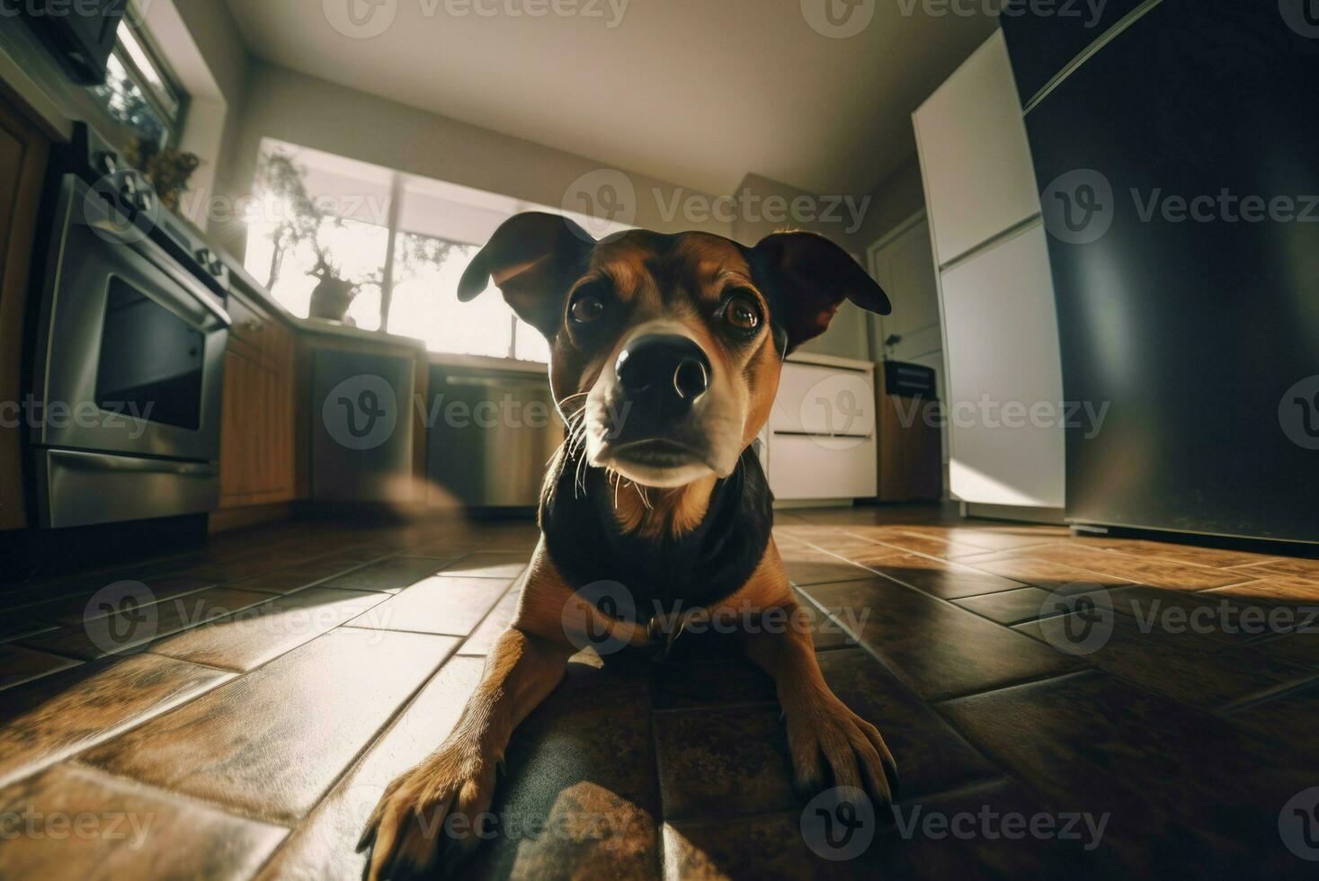 Realistic dog sitting on kitchen floor. Generate ai photo
