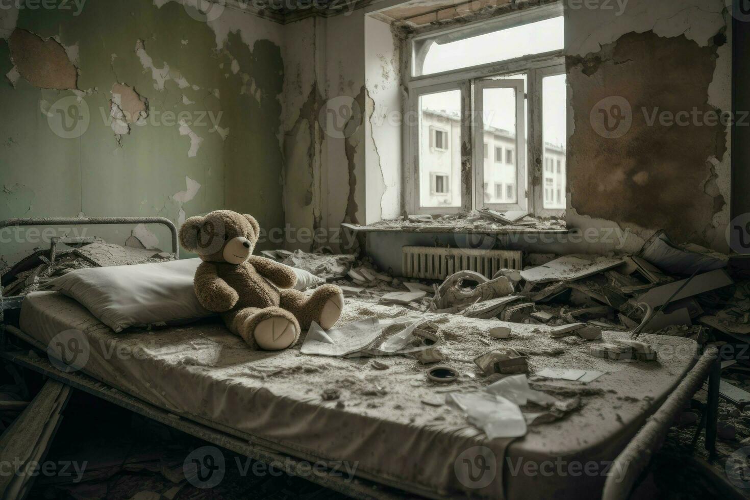 Bear on hospital bed, bombed city. Generate Ai photo