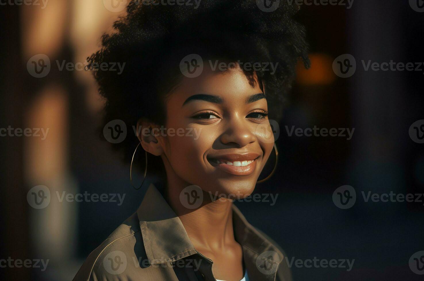 Curly afro smiling woman with round earrings. Generate ai 34050205 Stock Photo at Vecteezy