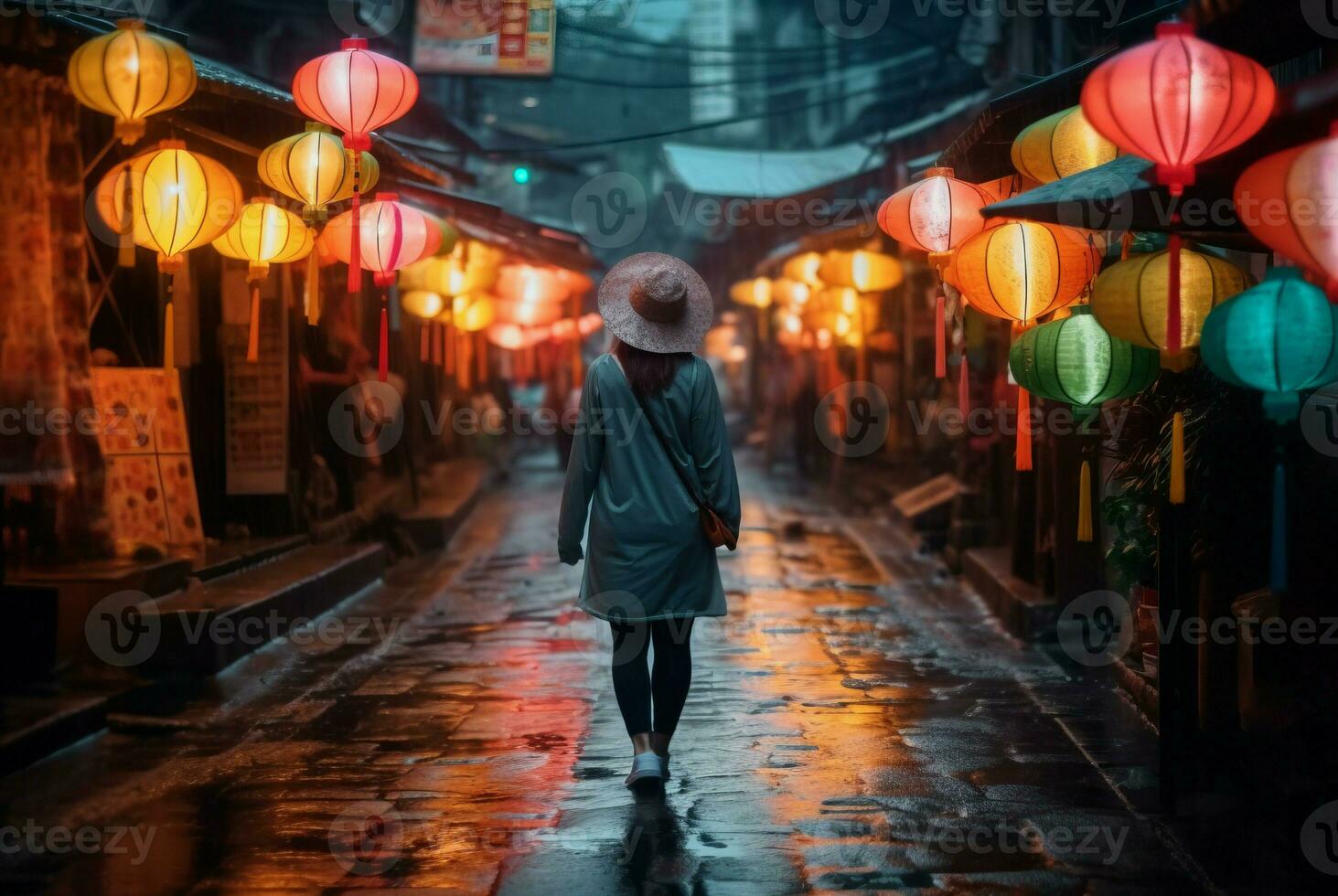 mujer caminando solo en lluvioso clima. generar ai foto