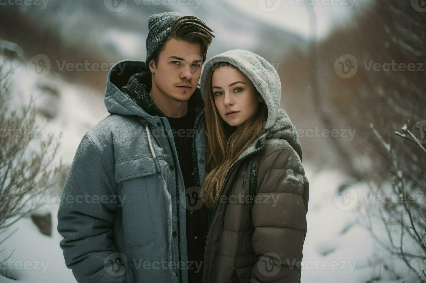 Couple in western puffer jackets. Generate ai photo