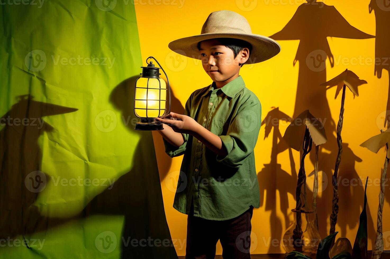 niño en occidental sombra marioneta espectáculo. generar ai foto