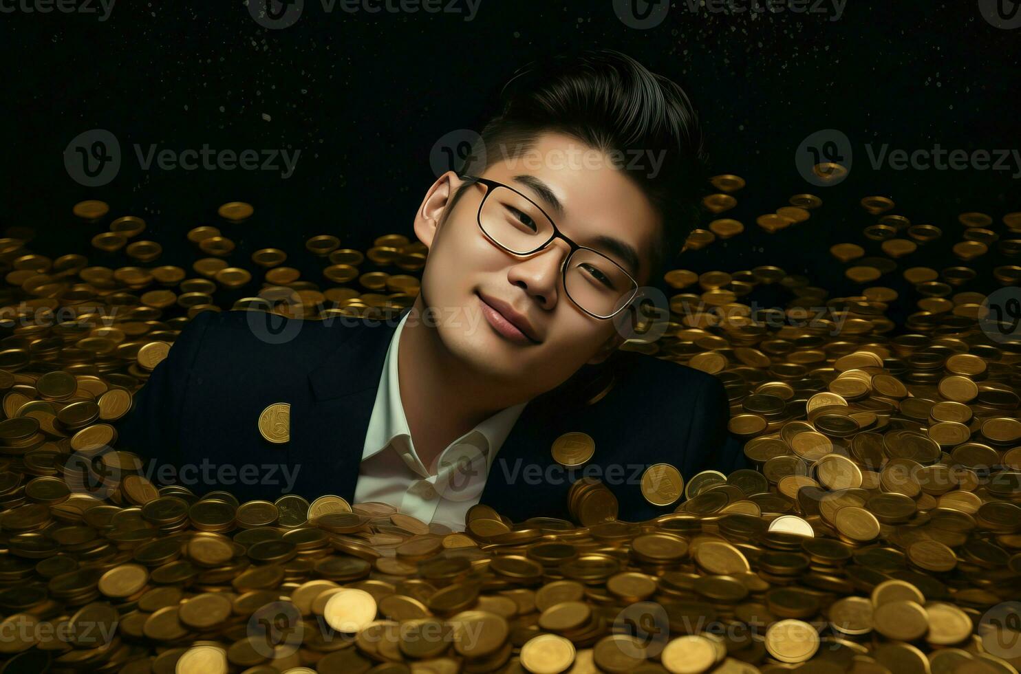 Happy smiling asian businessman golden coins. Generate Ai photo