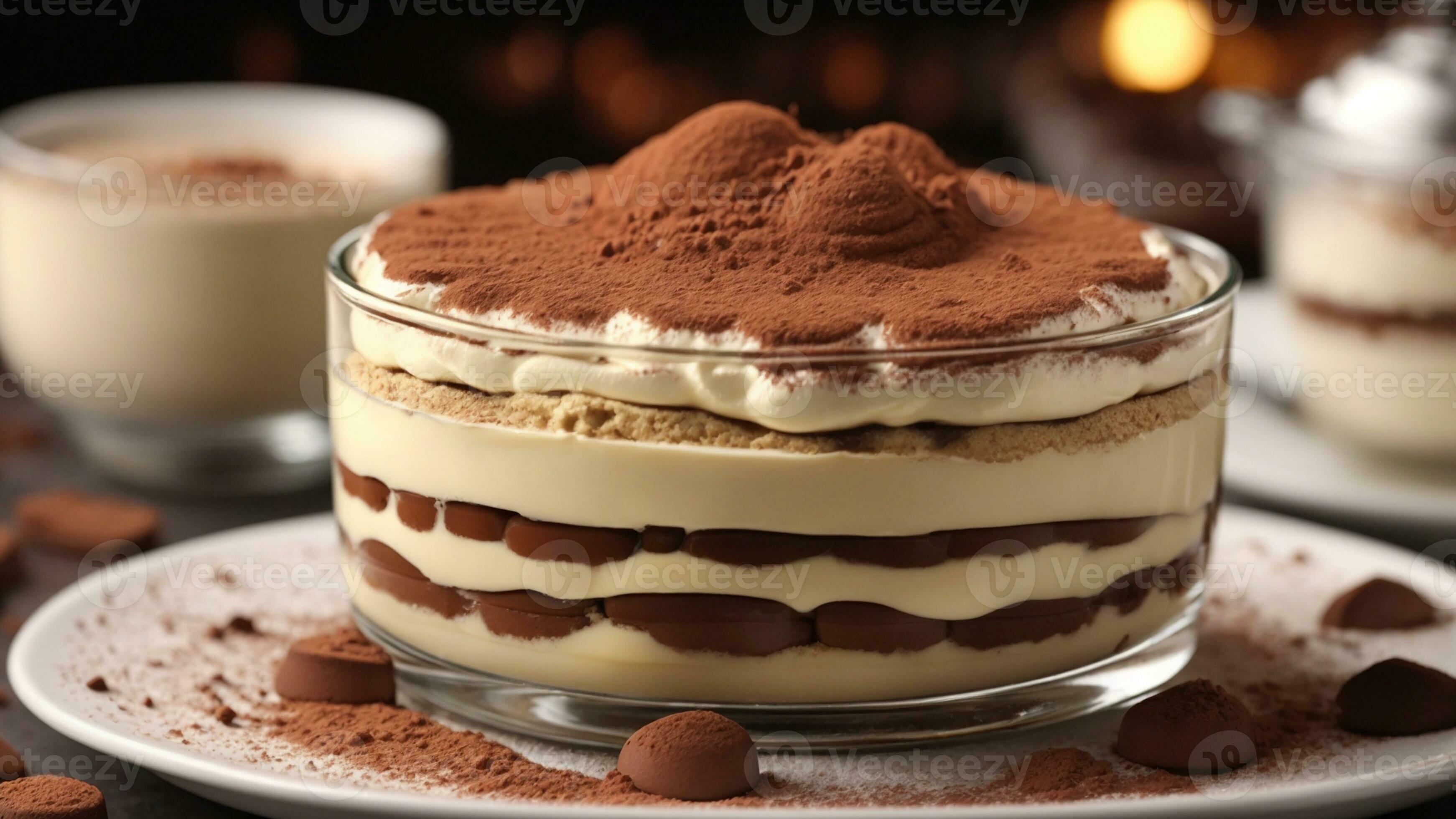 A closeup shot of a freshly prepared tiramisu, focusing on the layers
