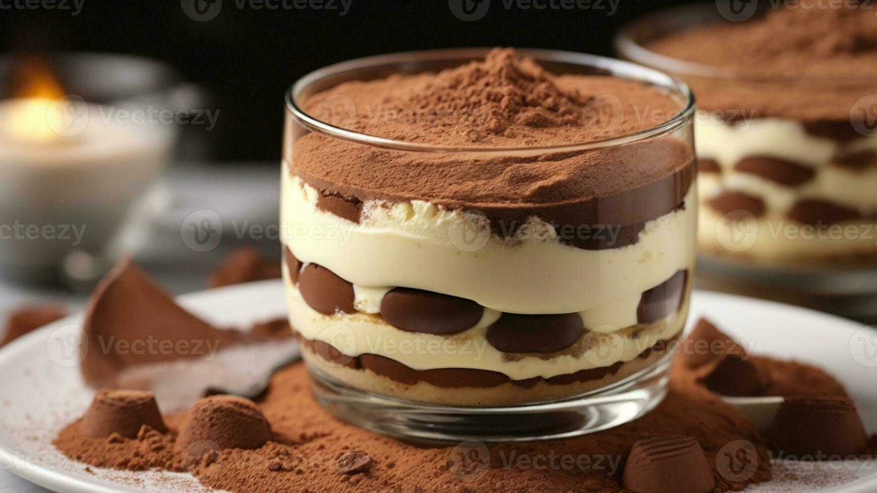 A closeup shot of a freshly prepared tiramisu, focusing on the layers