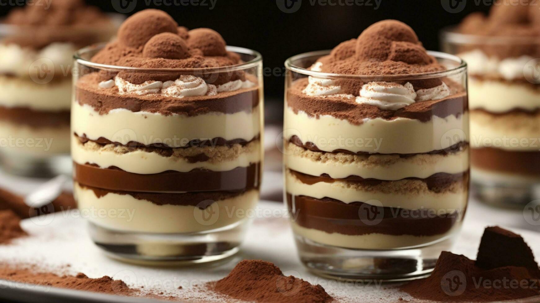 A close-up shot of a freshly prepared tiramisu, focusing on the layers of coffee-soaked ladyfingers AI Generative photo