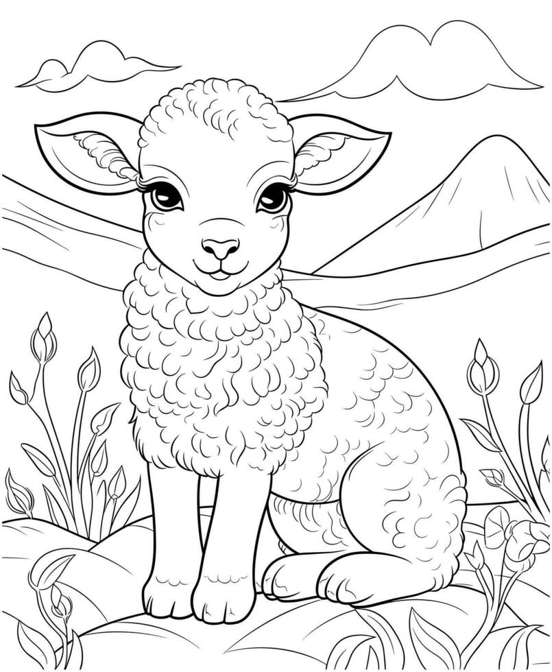 sheep coloring page for kids vector
