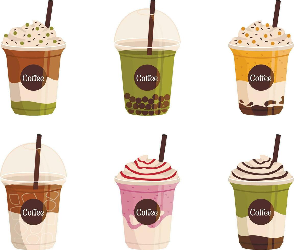 Set of plastic glasses with different types of cold drinks. Take away. Vector graphic.