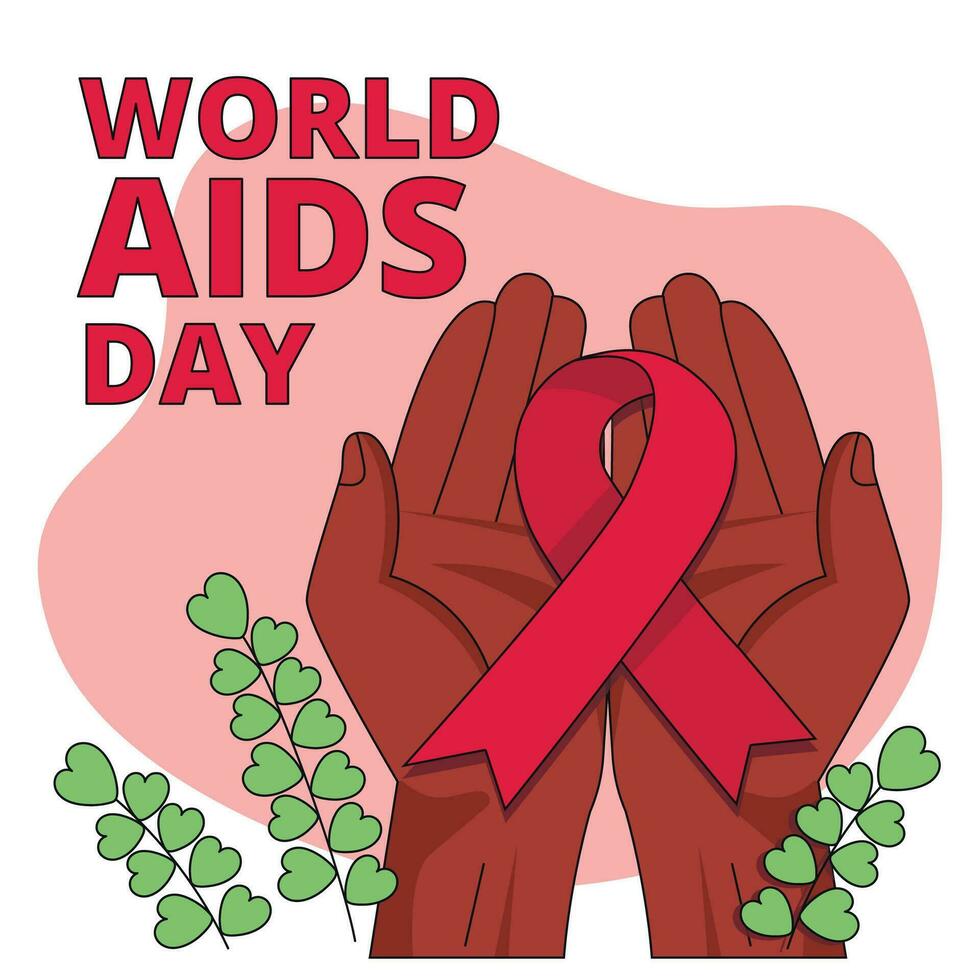 International AIDS Day. Illustration with hands holding red ribbon symbol. Vector graphic.