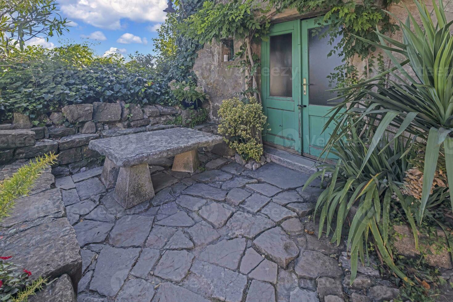 imagen de un Entrada zona a un antiguo casa con alpinismo plantas y un Roca descansando sitio foto