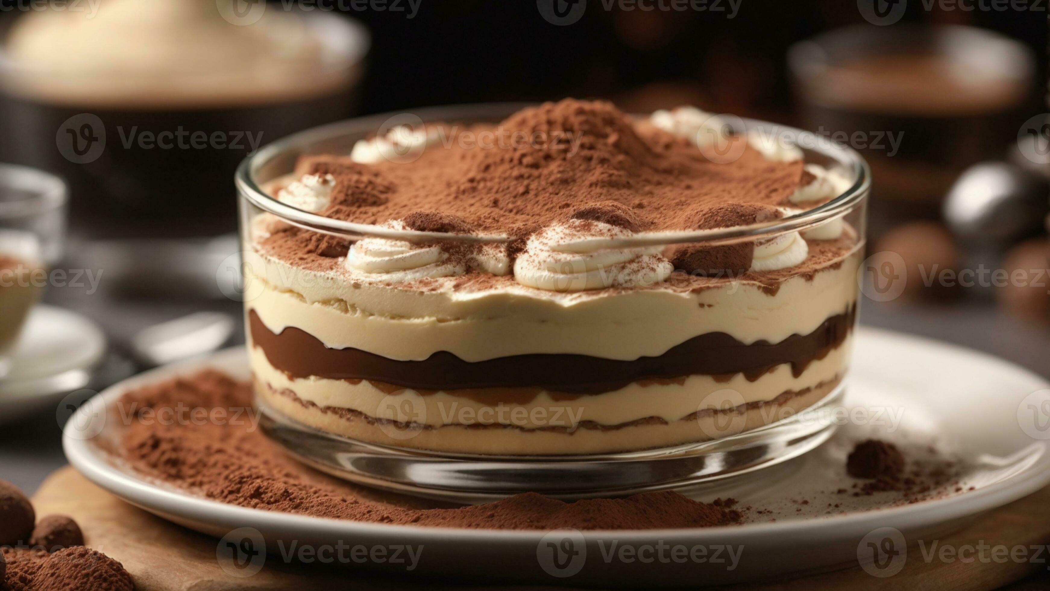 A closeup shot of a freshly prepared tiramisu, focusing on the layers