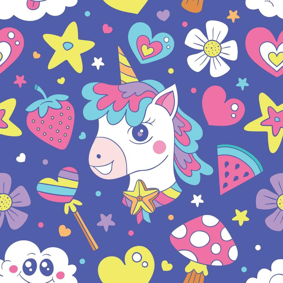 Cute Rainbow Unicorn Seamless Pattern Light Blue vector