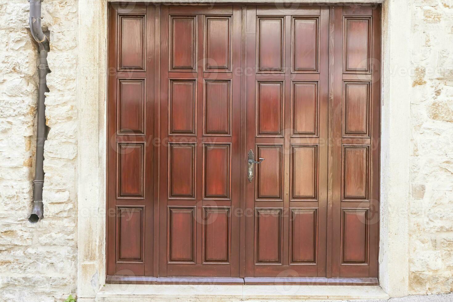 Image of a brown entrance door to a residential building with an antique facade photo
