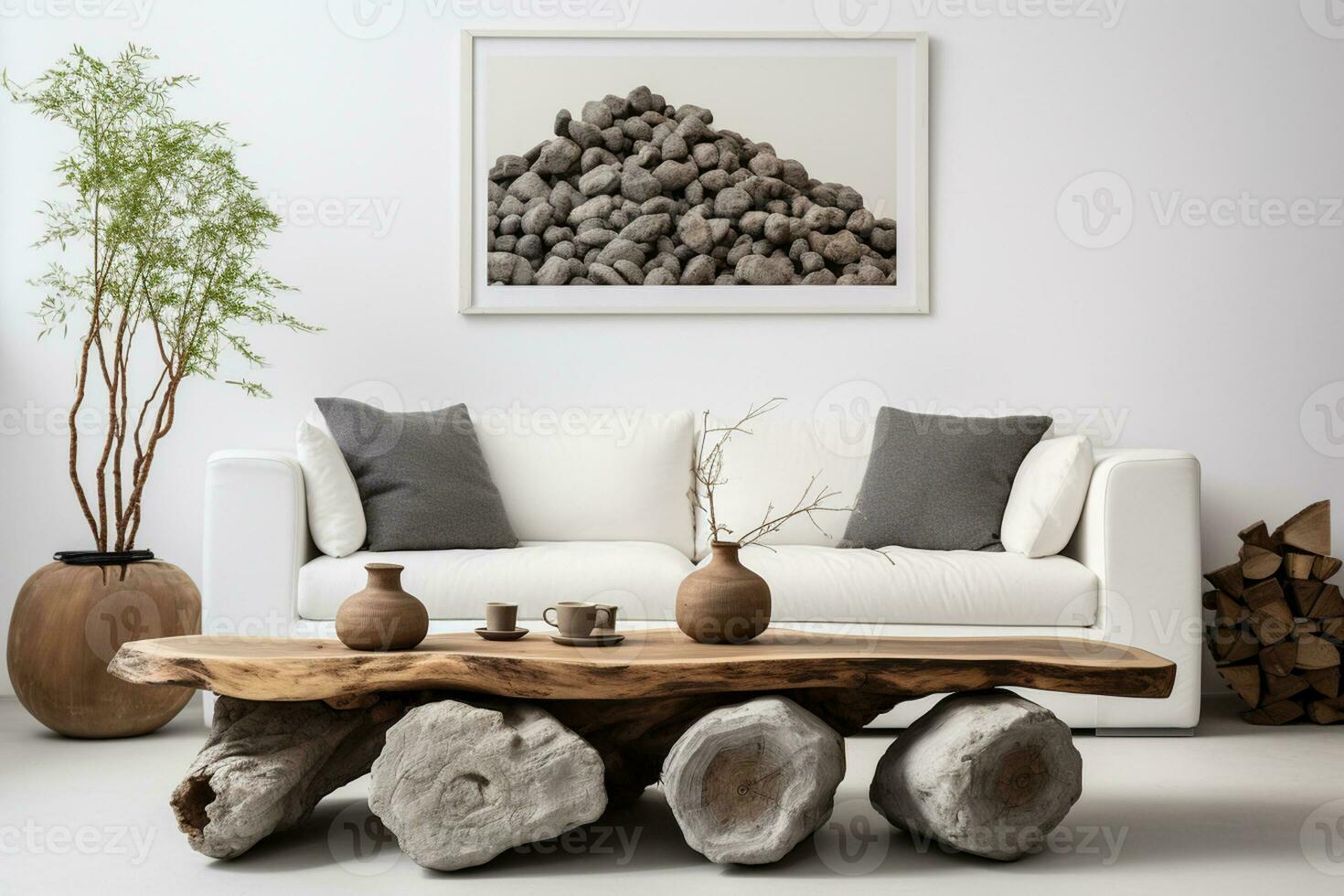 A modern living room design with empty sofa and armchair on the wall, featuring sleek lines, simple silhouettes, and neutral colors, creates a minimalist and inviting space. Generative Ai photo