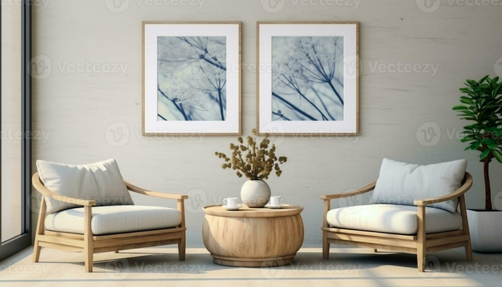 A modern living room design with empty sofa and armchair on the wall, featuring sleek lines, simple silhouettes, and neutral colors, creates a minimalist and inviting space. Generative Ai photo