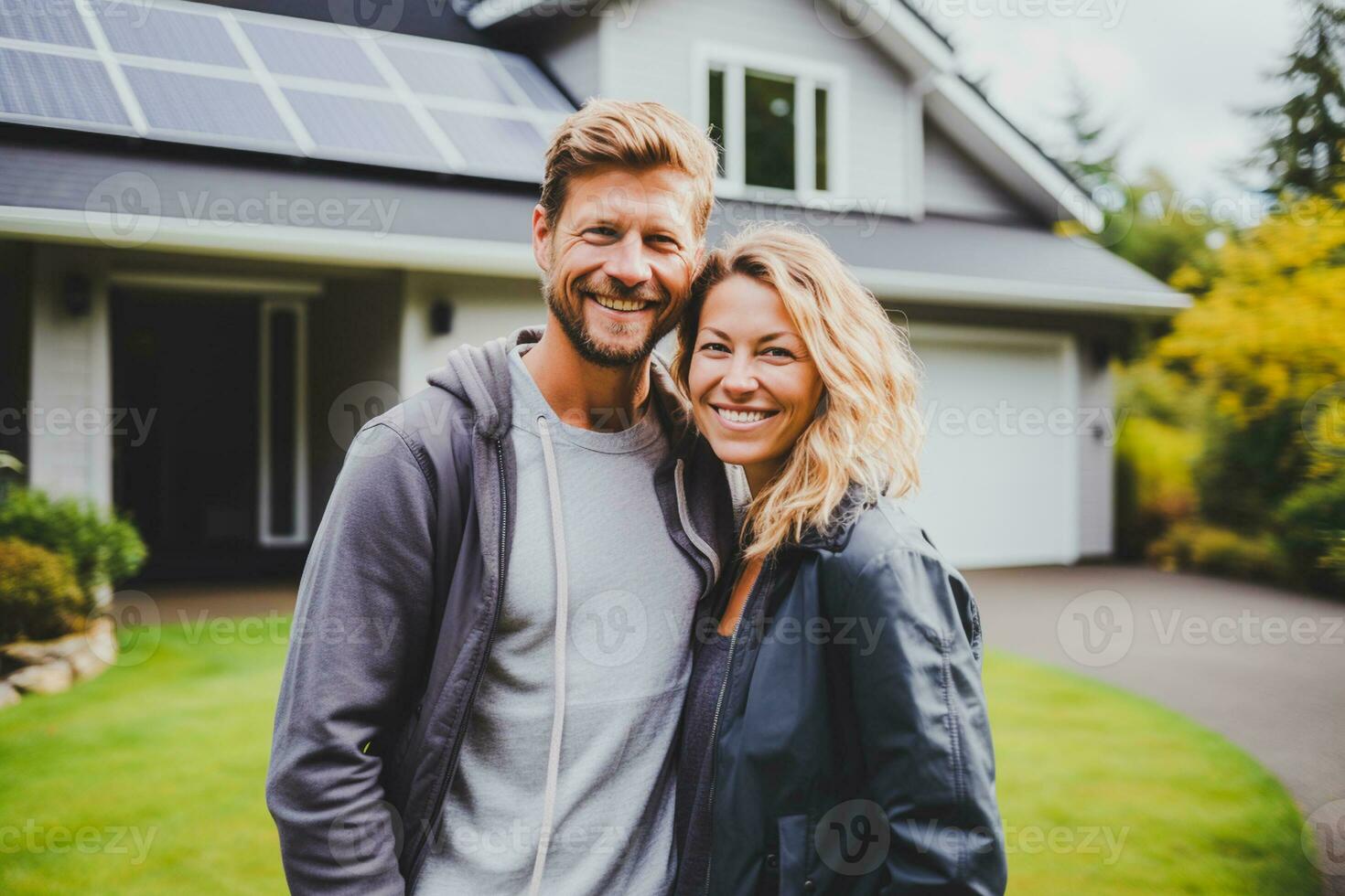 A happy young couple enjoying a day outdoors, smiling and carefree, epitomizes the outdoor lifestyle and the simple enjoyment of life together. on the porch of their beautiful home. Generative Ai photo