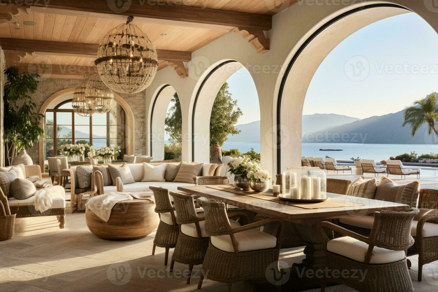 A luxurious modern dining table, with sleek lines and elegant chairs, is the centerpiece of a stylish and sophisticated home interior. Generative Ai photo