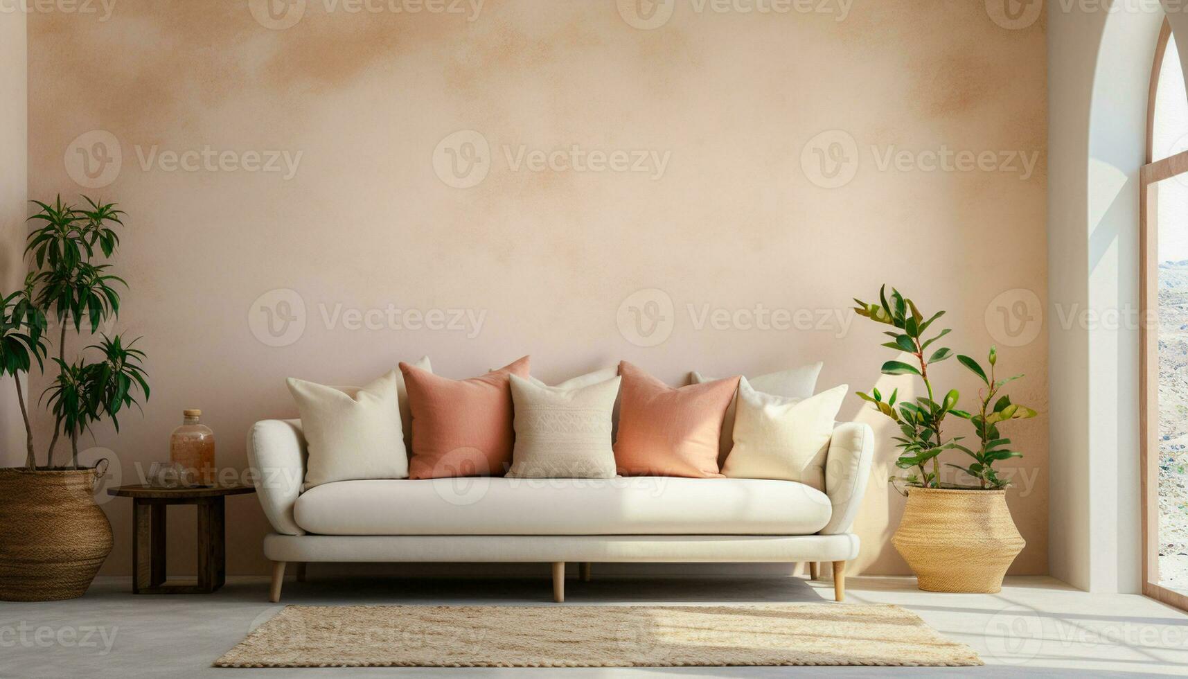 A modern living room design with empty sofa and armchair on the wall, featuring sleek lines, simple silhouettes, and neutral colors, creates a minimalist and inviting space. Generative Ai photo