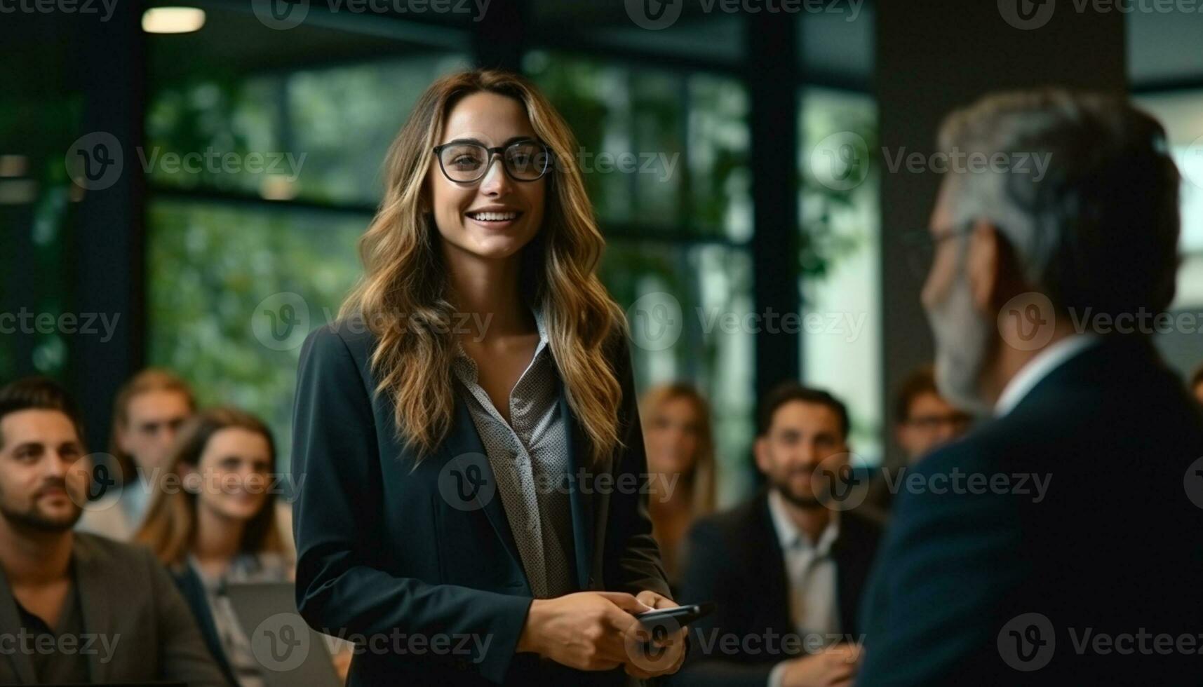 Diverse group of business professionals, including businessmen and businesswomen, gather in a modern office to collaborate on a project, using technology to communicate and share ideas. Generative ai photo