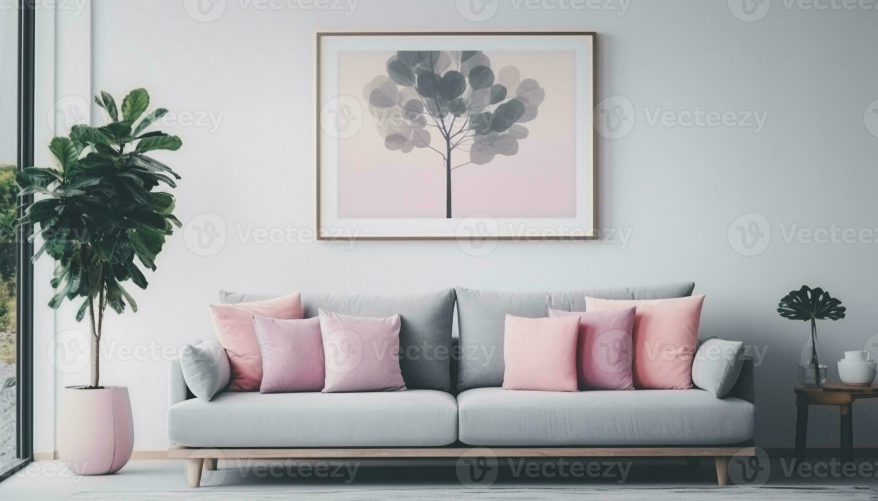 A modern living room design with empty sofa and armchair on the wall, featuring sleek lines, simple silhouettes, and neutral colors, creates a minimalist and inviting space. Generative Ai photo