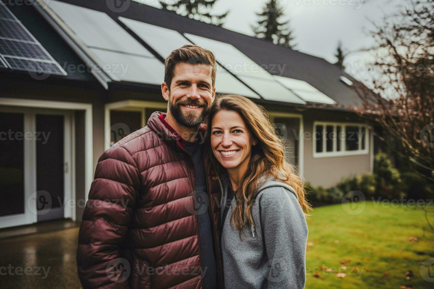 A happy young couple enjoying a day outdoors, smiling and carefree, epitomizes the outdoor lifestyle and the simple enjoyment of life together. on the porch of their beautiful home. Generative Ai photo