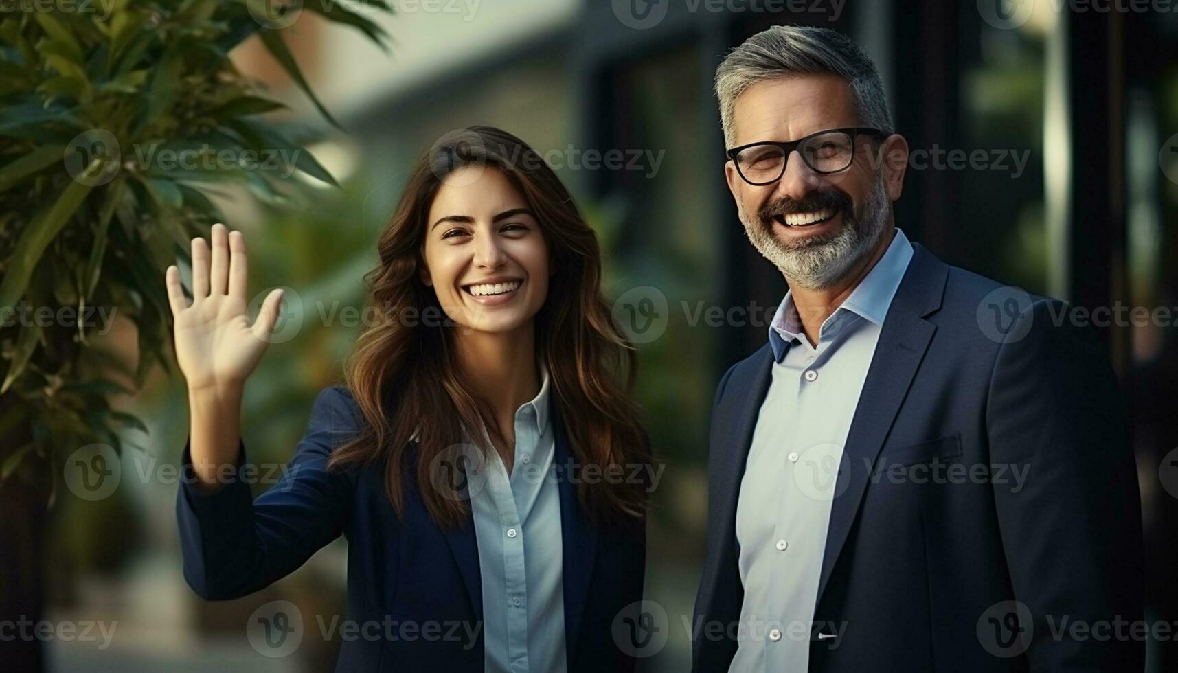 Diverse group of business professionals, including businessmen and businesswomen, gather in a modern office to collaborate on a project, using technology to communicate and share ideas. Generative ai photo