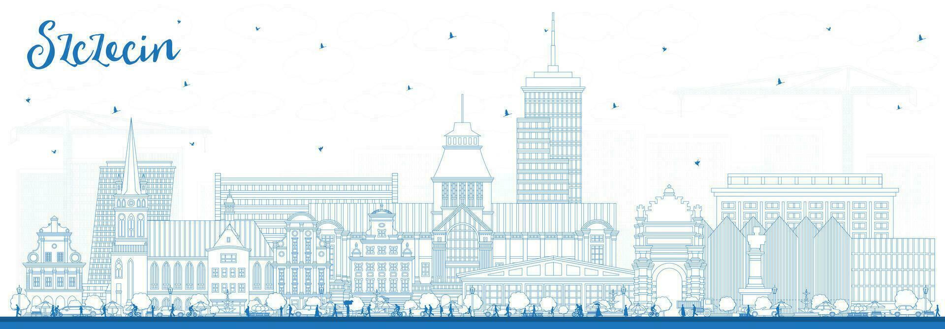 Outline Szczecin Poland city skyline with blue buildings. Szczecin cityscape with landmarks. Business travel and tourism concept with modern and historic architecture. vector