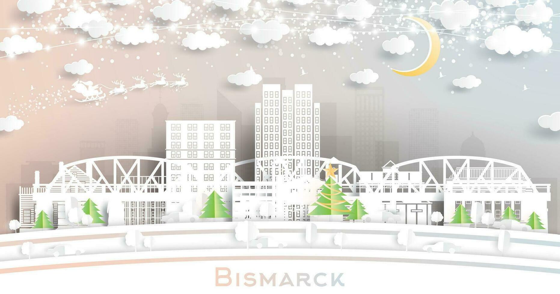 bismarck norte Dakota EE.UU. invierno ciudad horizonte en papel cortar estilo con copos de nieve, Luna y neón guirnalda. Navidad, nuevo año concepto. Papa Noel noel bismarck paisaje urbano con puntos de referencia vector