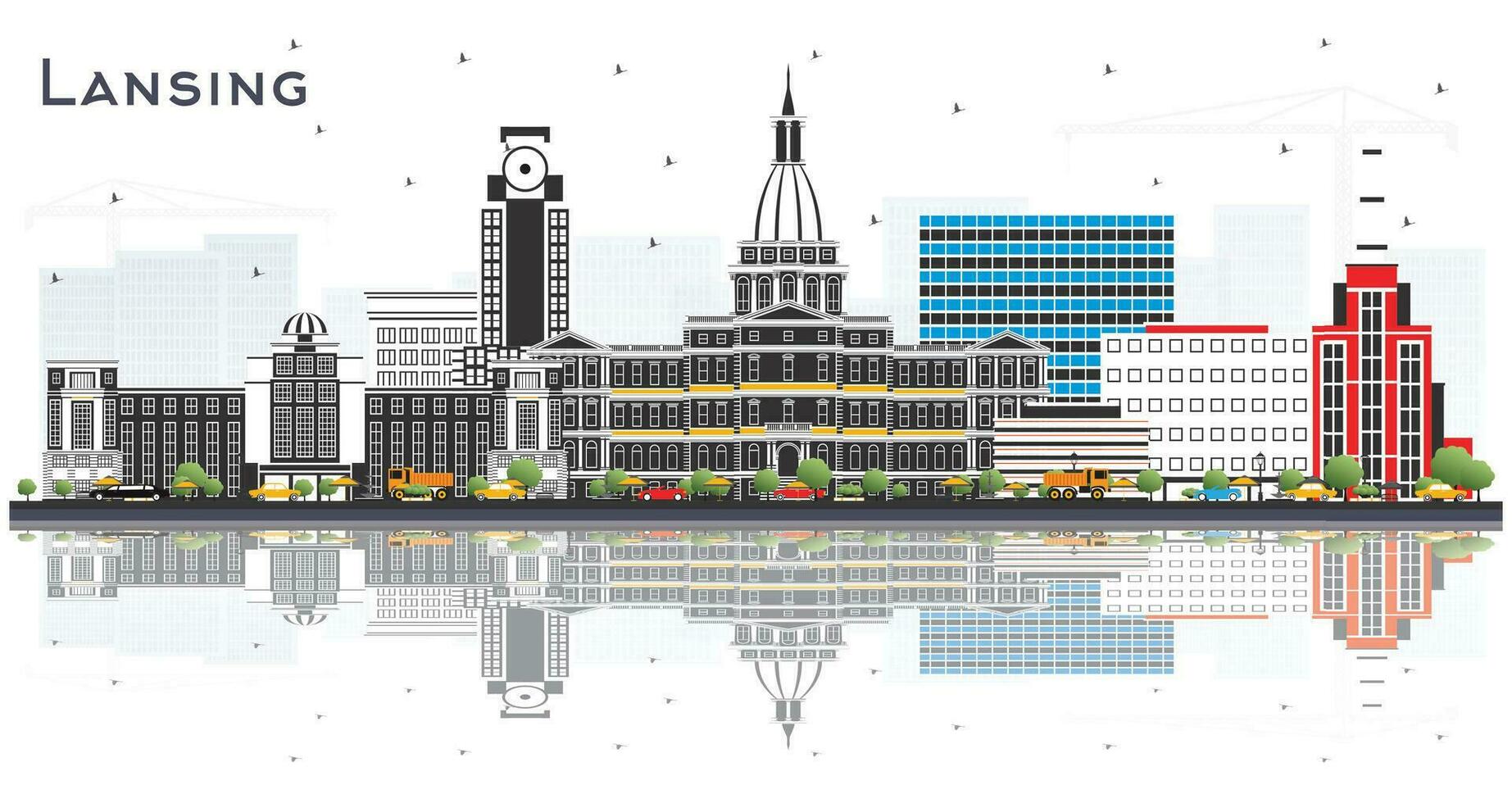 Lansing Michigan city skyline with color buildings and reflections isolated on white. Business travel concept with historic architecture. Lansing USA cityscape with landmarks. vector