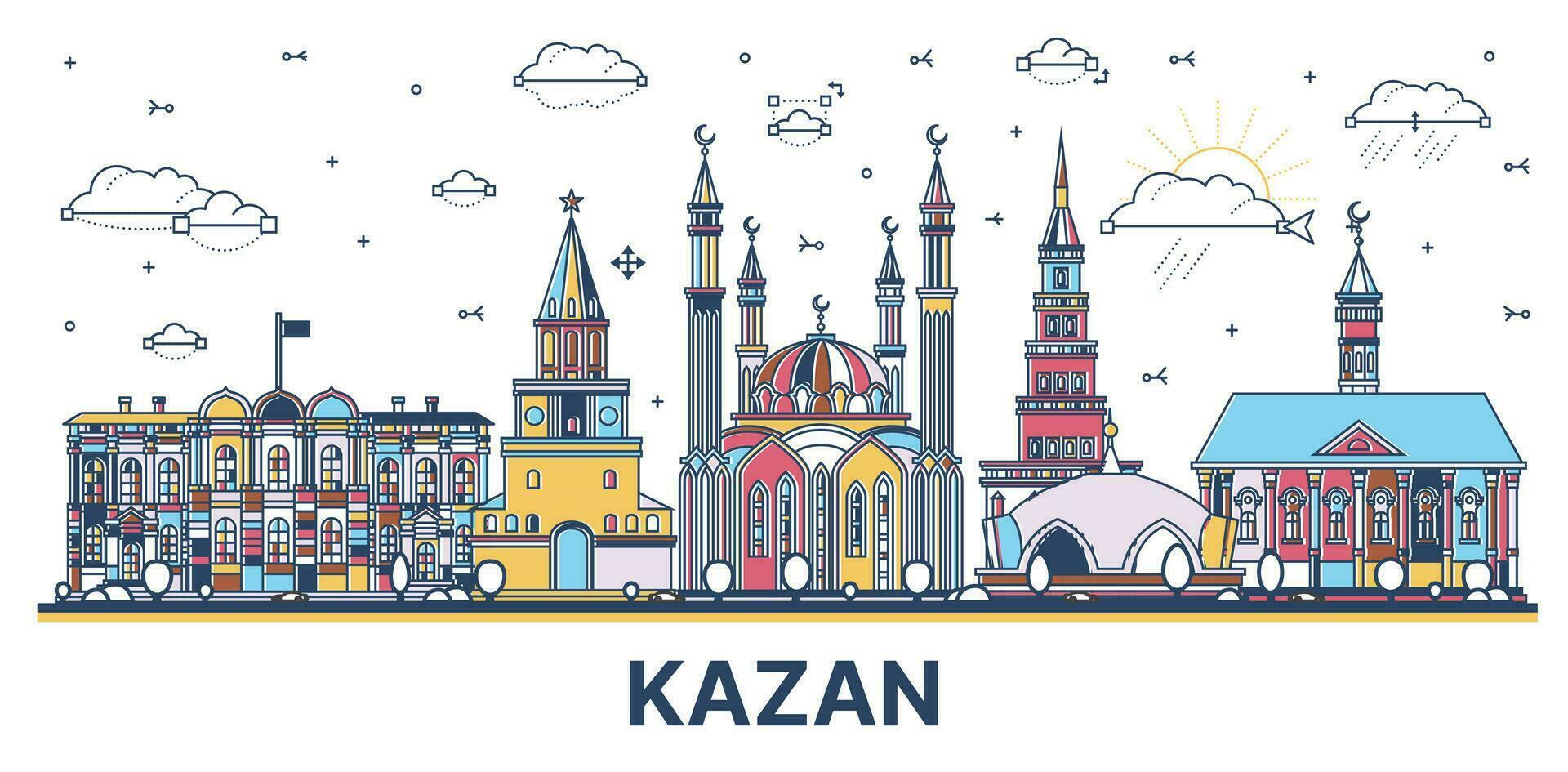 Outline Kazan Russia city skyline with colored modern and historic buildings isolated on white. Kazan cityscape with landmarks. vector