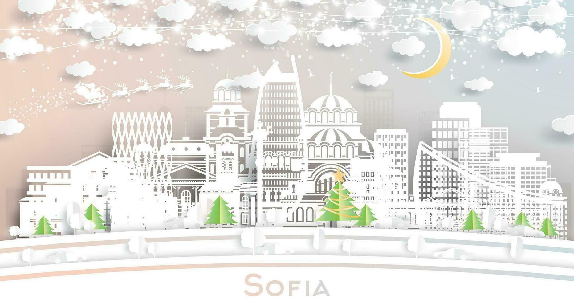 Sofia Bulgaria. Winter city skyline in paper cut style with snowflakes, moon and neon garland. Christmas and new year concept. Santa Claus. Sofia cityscape with landmarks. vector