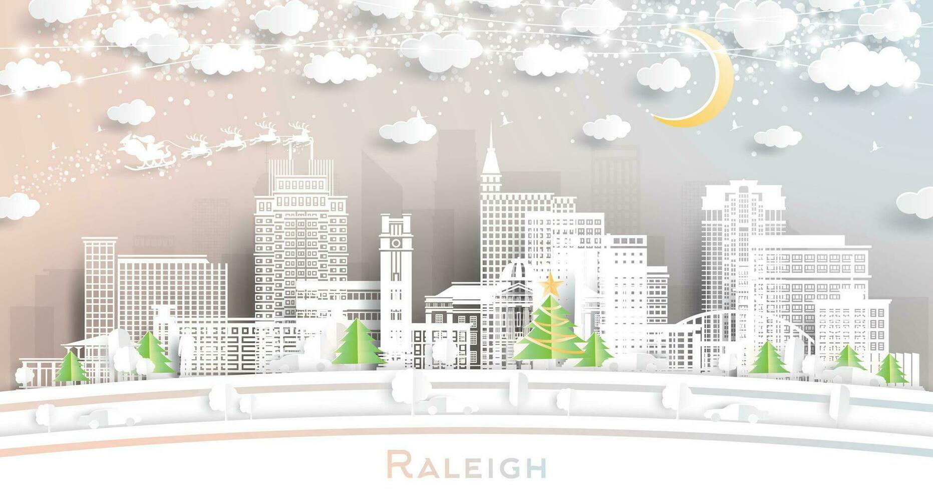 Raleigh North Carolina. Winter city skyline in paper cut style with snowflakes, moon and neon garland. Christmas, new year concept. Santa Claus. Raleigh USA cityscape with landmarks. vector