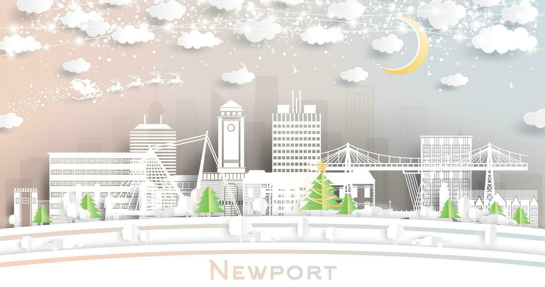 Newport Gales. invierno ciudad horizonte en papel cortar estilo con copos de nieve, Luna y neón guirnalda. Navidad, nuevo año concepto. Newport Reino Unido paisaje urbano con puntos de referencia vector
