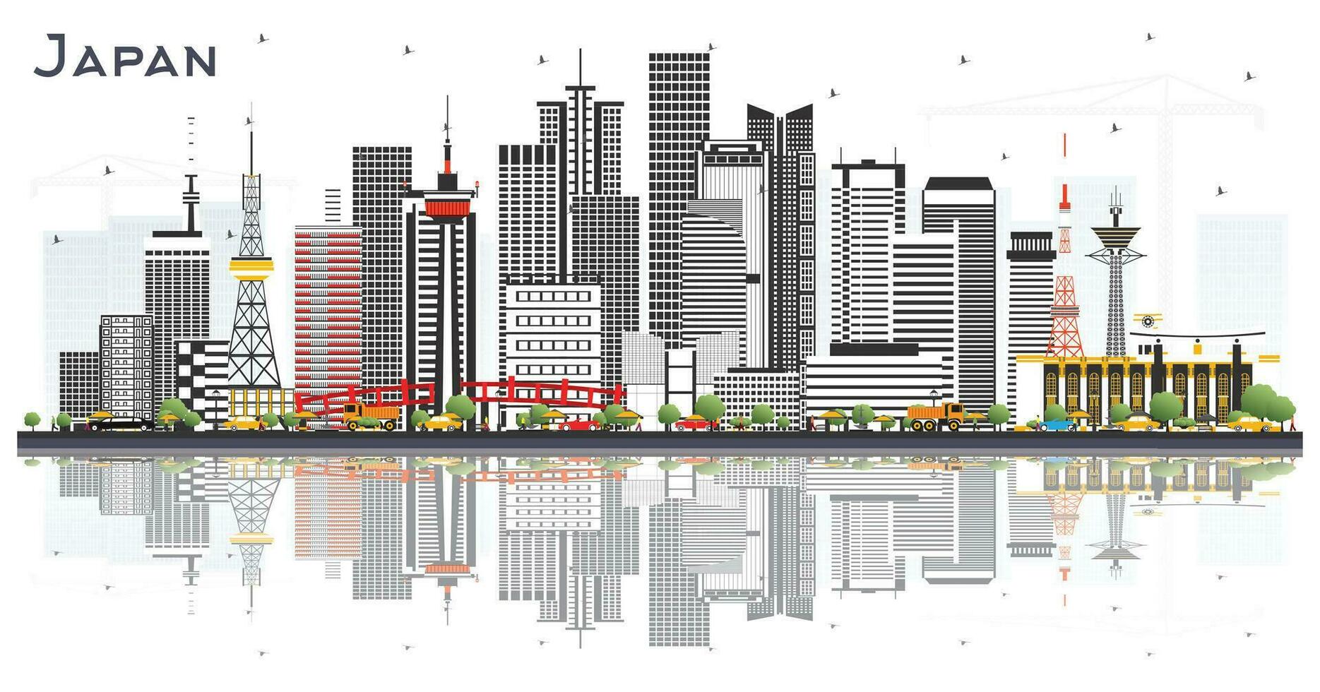 Japan City Skyline with Gray Buildings and reflections Isolated on White. Tourism Concept with Historic Architecture. Cityscape with Landmarks. Tokyo. Osaka. Nagoya. Nagano. vector