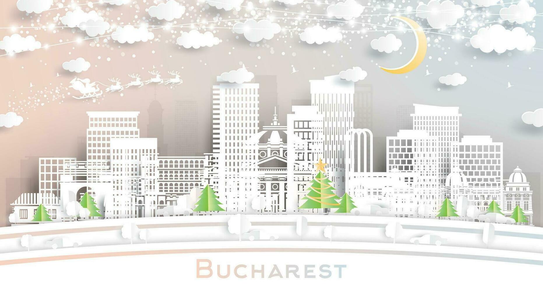 Bucharest Romania. Winter city skyline in paper cut style with snowflakes, moon and neon garland. Christmas and new year concept. Santa Claus. Bucharest cityscape with landmarks. vector