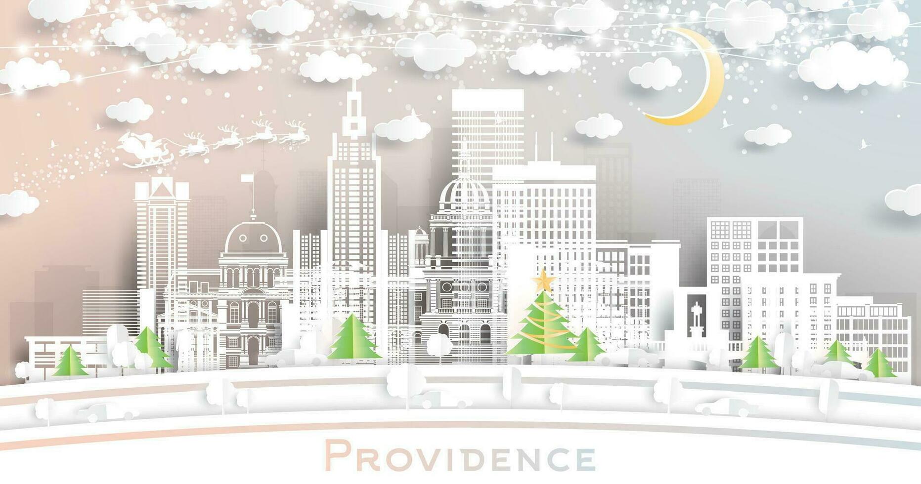 providencia Rhode isla EE.UU. invierno ciudad horizonte en papel cortar estilo con copos de nieve, Luna y neón guirnalda. Navidad, nuevo año concepto. Papa Noel noel providencia paisaje urbano con puntos de referencia vector