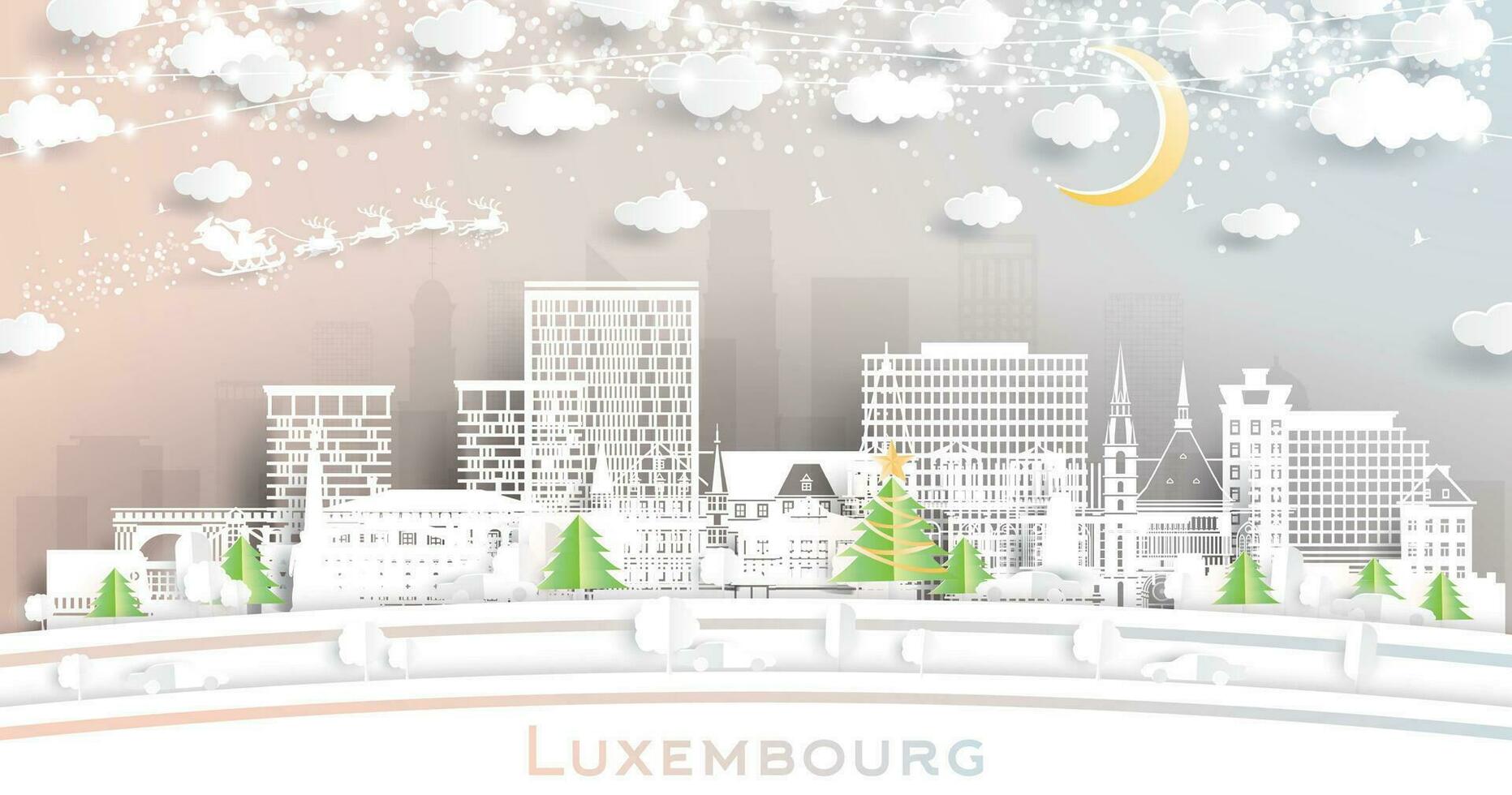 Luxemburgo ciudad. invierno ciudad horizonte en papel cortar estilo con copos de nieve, Luna y neón guirnalda. Navidad y nuevo año concepto. Papa Noel noel Luxemburgo paisaje urbano con puntos de referencia vector